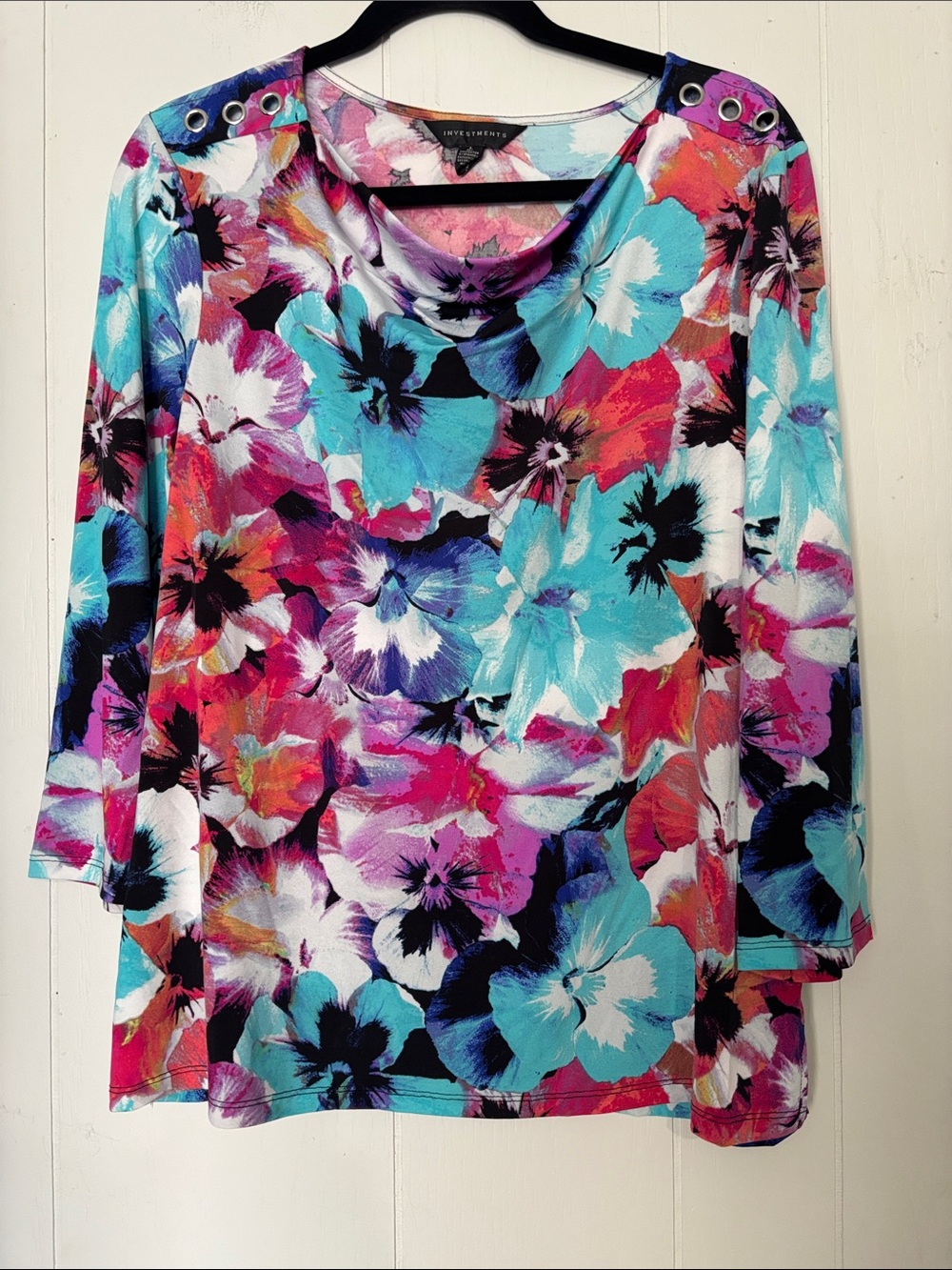 Investments Floral Cowl Neck Long Sleeve Top - Turquoise, Pink, Purple, Black